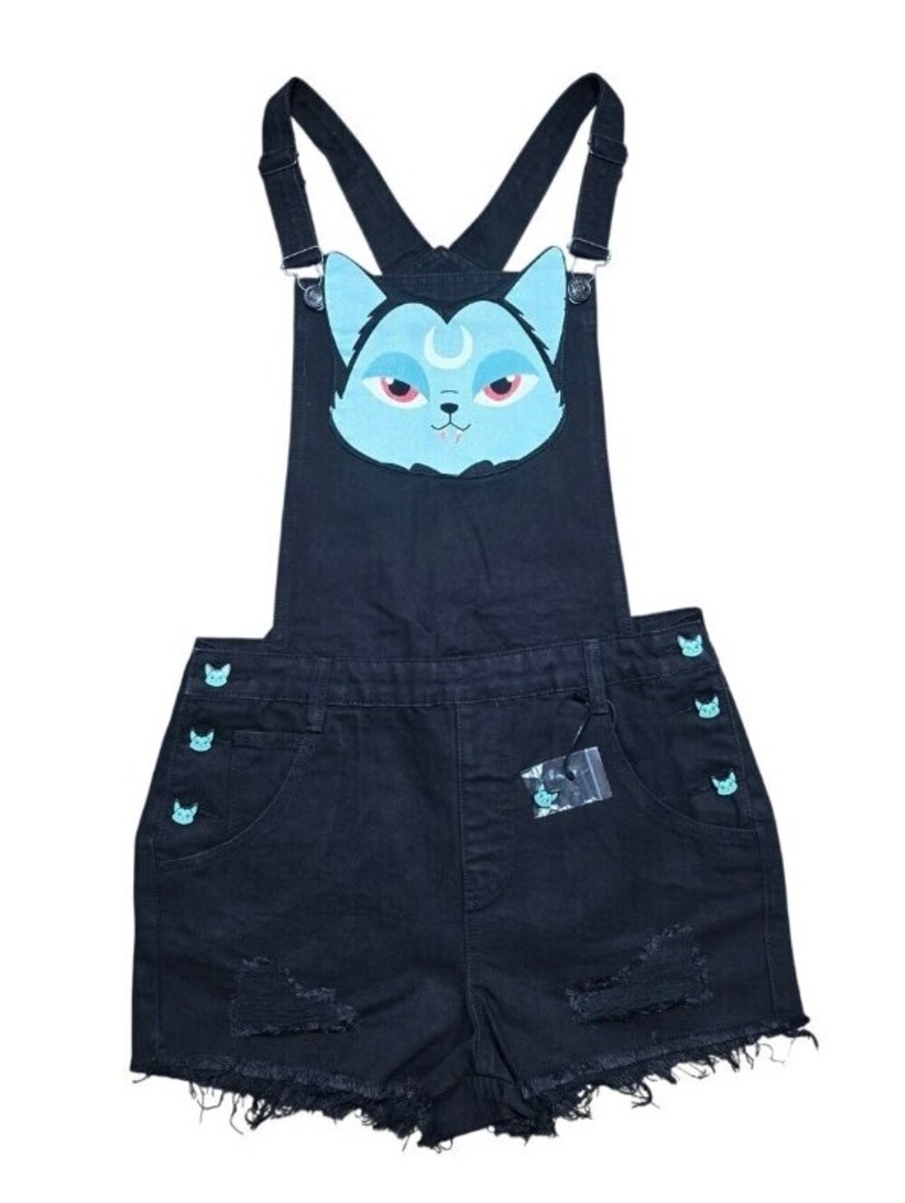 Killstar Lil Vampurr Black Cat Denim Overalls Shorts Women's Size Medium NEW